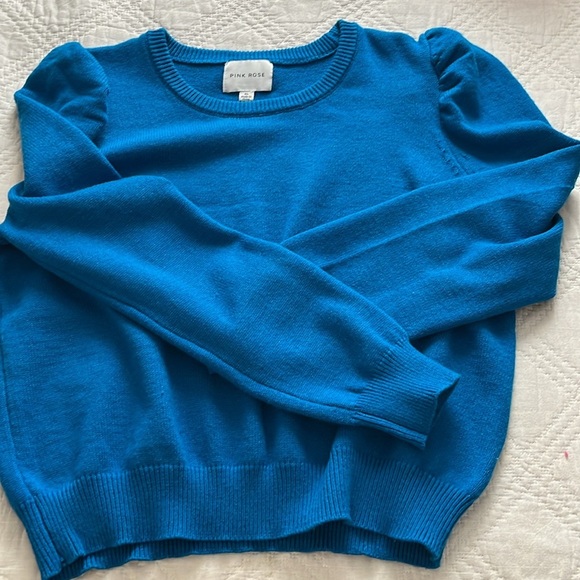 Pink Rose Puff Sleeve & Ribbed Hem Crew Neck Sweater Blue Sz M/L - Picture 11 of 13